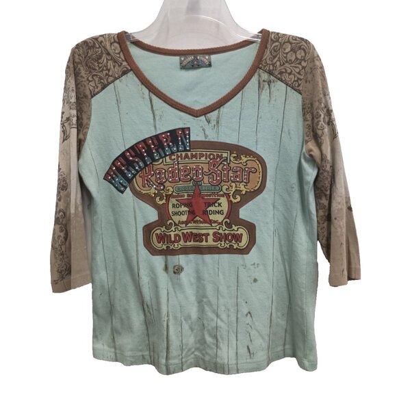 Vanilla Sugar Womens Rodeo Star Top Small Blue Western Rhinestones 3/4 Sleeve - Picture 1 of 9